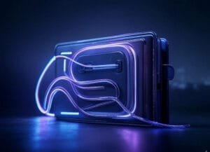 "A futuristic, rectangular device with a sleek black surface and glowing neon blue lights. It features a raised panel with buttons and a slot, surrounded by curling neon blue lines. The device sits on a reflective surface against a dark background, with the text 'GROK XI' in the corner."