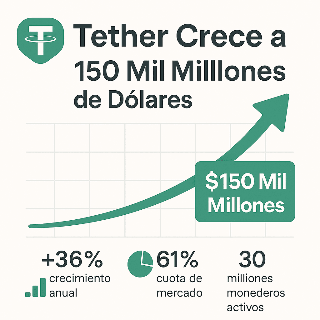 Tether alcanza los 150 mil millones: hito histórico en el mercado de stablecoins