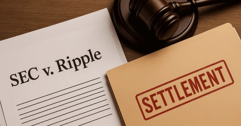 Ilustración del acuerdo legal entre Ripple y la SEC, con apretón de manos simbólico y fondo institucional con elementos financieros.