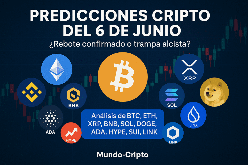 🔮 Predicciones de Precio Cripto (6 de junio): ¿Rebote o Corrección? Análisis de BTC, ETH, XRP, BNB, SOL, DOGE, ADA, HYPE, SUI y LINK